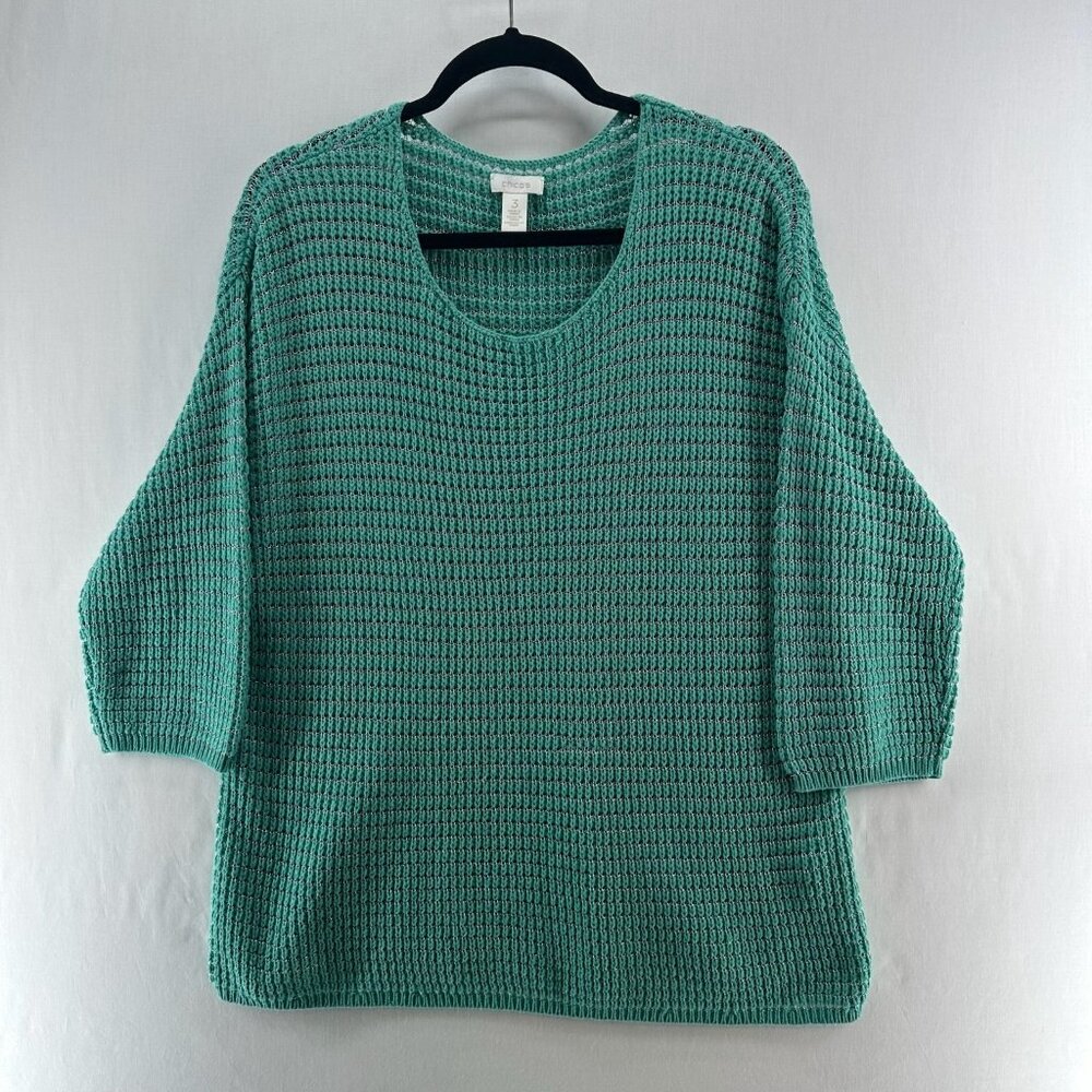 Chicos Metallic Open Knit Sweater Women 3 Shimmer 3/4 Sleeve Pullover Teal Green